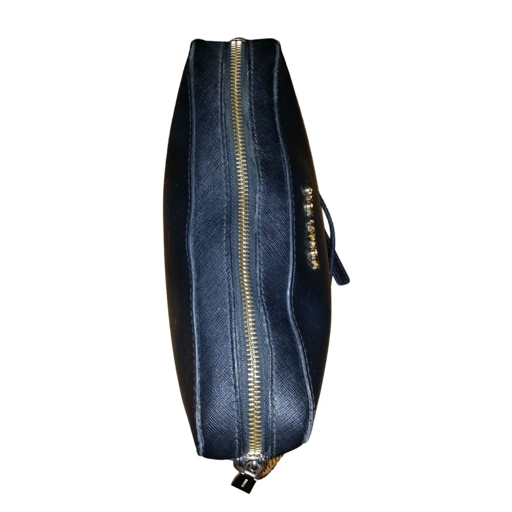 Michael Kors Jet Set Black Saffiano Leather Crossbody Bag Gold Chain Strap Purse